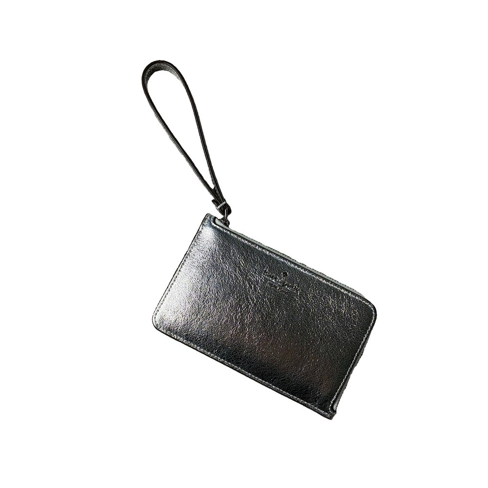 Kate Spade Lucy Metallic Leather Small Slim Wristlet Silver Modern Minimalist